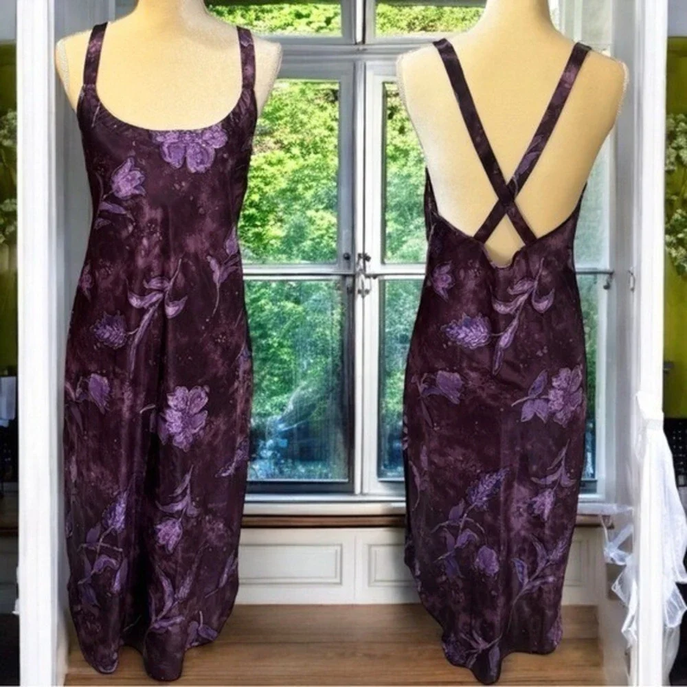 NEW Vintage California Dynasty Purple Floral Satin Cross Back Fairy Dress Size M